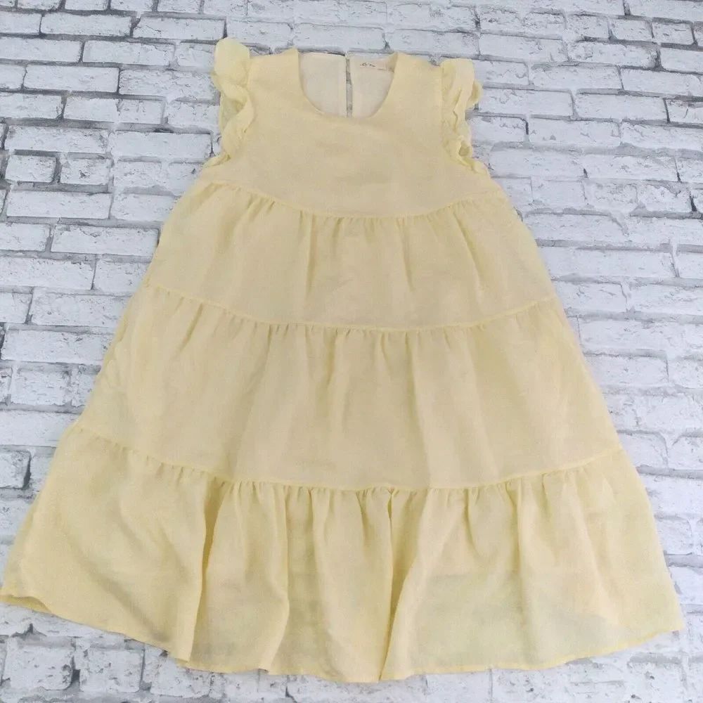 La Ven Dress Women's Small Yellow Tiered Ruffle Sleeveless Mini Prairie Boho